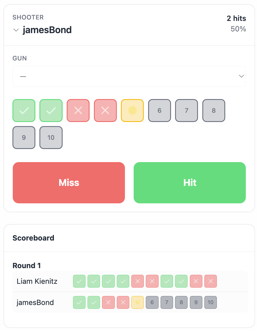 Active session with live scoreboard and shot tracking